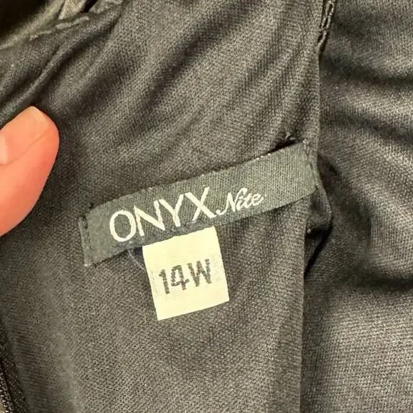 VTG ONYX NITE | Black Satin Gem Ruched Front Slit Maxi Y2K‎ Dress | Women's 14W - Picture 7 of 11